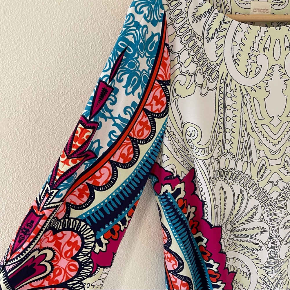 Chico’s Paisley Block Print Shift Dress Split Sleeve Multicolor Illusion-0/Small - Picture 7 of 16